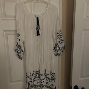 Chic White and Blue Embroidered Tunic Dress
